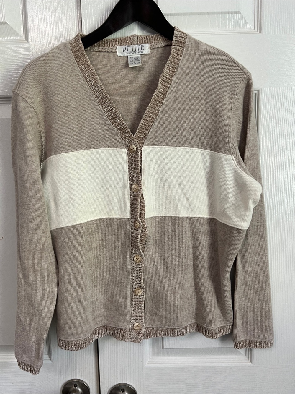 Petite Sophisticate Taupe & Cream V-Neck Button Cardigan